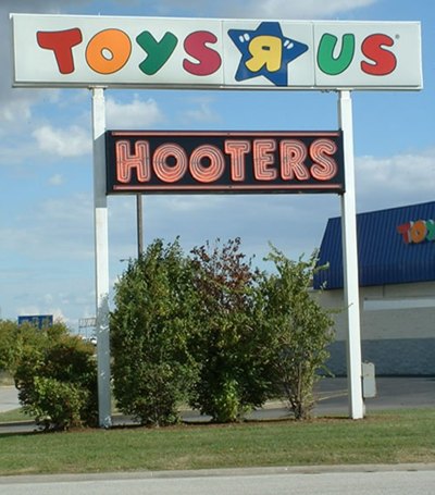 toysrus Two things: first, the Toys R Us in Muskegon used to have a Hooters in the same shopping outlet. Second, Hooters probably has a better selection of video games.