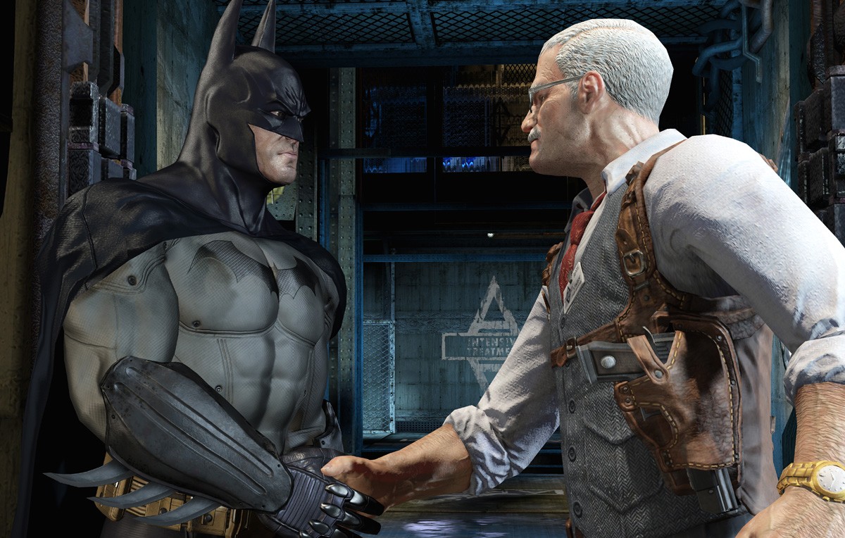 BatmanGordonhandshake Batman: So, despite being shackled to this gurney, deep within this high-security facility specifically designed to contain villans of his lot, the Joker's still likely to escape fairly easily? Gordon: Almost instantly.